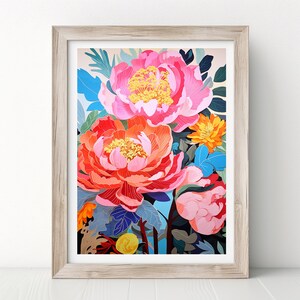 May include: A framed print of a colorful floral illustration featuring pink, red, and yellow peonies with green leaves and blue accents.