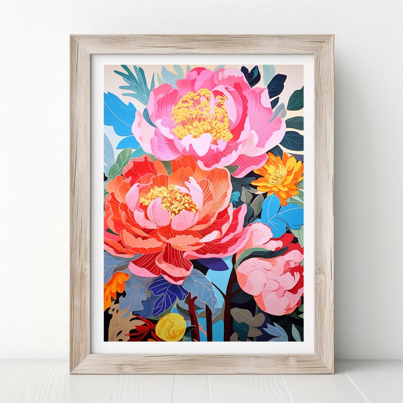 May include: A framed print of a colorful floral illustration featuring pink, red, and yellow peonies with green leaves and blue accents.