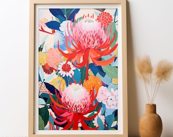 Waratah Australian Flower Painting Delight DIGITAL DOWNLOAD, Native Flower Waratah, Botanical Wall Art, Australian Native Floral Wall Art