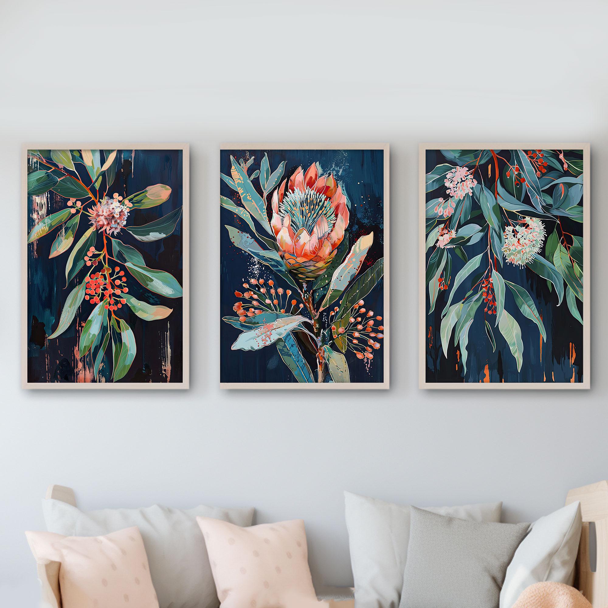 Australian Bush Dreams Floral Set Paintings Prints, DIGITAL DOWNLOAD, Set of 3 Prints, Native VintageFlora, Aus Botanical Wall Art Printable
