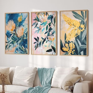 Australian Floral Blooms Abstract Paintings Prints, DIGITAL DOWNLOAD, Set of 3 Prints, Native Flora Aus Botanical Banksia Wall Art Printable