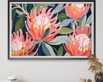 Australian Proteas Paradise Abstract Painting DIGITAL Art Print, Native Flowers Protea, Botanical Wall Art Print Aus Flora Abstract Print