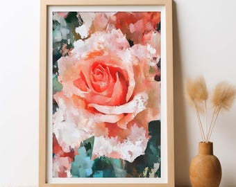 Rose Coral Bloom Painting Print, Romantic Floral Wall Art, Coral Rose Blush Botanical Decor, Printable Artwork Digital Download