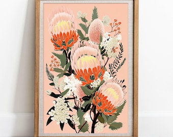 Proteas Wild Bush Dreams Australian Painting Wall Art, DIGITAL DOWNLOAD, Botanical Floral Print, Native Flowers Poster, Printable Wall Art