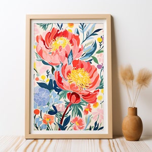 Peony Bloom Flowers DIGITAL Art Print, Peony Flower Print, Peony Painting Wall Art, Floral Print, Peonies Print Peach Pink Peonies Printable