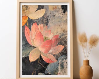 May include: Framed art print featuring a close-up of a lotus flower in shades of pink and peach, with green accents. The artwork is set against a dark, textured background with hints of blue and beige. The frame is a light wood color.
