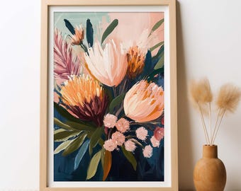 Dusty Botanica Painting Print, Australian Native Floral Wall Art, Warm Blush Modern Botanical Artwork Digital Download Printable
