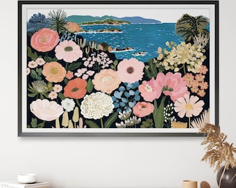 Coastal Bloom Australian Wall Art, Floral Landscape Digital Print, Botanical Seascape