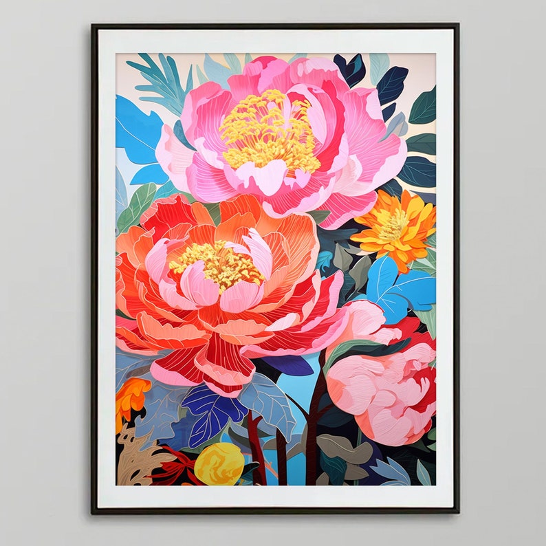 May include: A colorful floral print featuring pink, red, and yellow peonies with green leaves and stems against a white background.