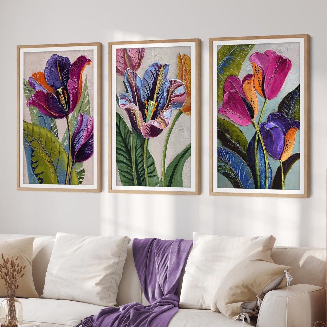 Tulips Bloom Trio Set of 3 Painting Prints, Colorful Tulip Flower Wall ...