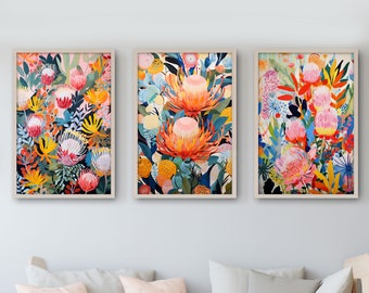 Australian Banksia Bliss Paintings, DIGITAL DOWNLOAD, Set of 3 Prints, Native Flowers Banksia Botanical Wall Art Floral, Printable Wall Art