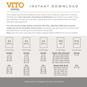 May include: A chart showing different print sizes for digital images in inches and centimeters. The chart includes standard paper sizes like A6, A5, A4, A3, and A2. The chart also includes the following aspect ratios: 2:3, 3:4, 4:5, and 11:14.