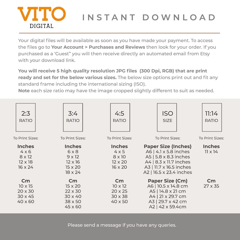 May include: A chart showing different print sizes for digital images in inches and centimeters. The chart includes standard paper sizes like A6, A5, A4, A3, and A2. The chart also includes the following aspect ratios: 2:3, 3:4, 4:5, and 11:14.