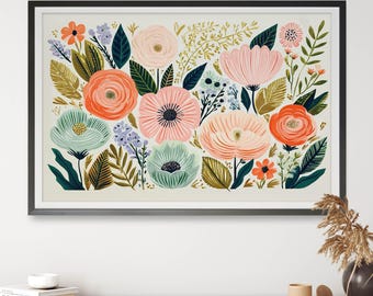 Floral Pop Reverie Wall Art, Colourful Botanical Digital Print, Modern Maximalist Flower Art