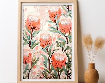 Proteas Dreamy Australian Painting, DIGITAL DOWNLOAD, Soft Peach Botanical Floral Print, Native Flowers Poster, Printable Wall Art