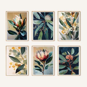 Juego de 6 láminas con la esencia floral australiana, arte mural botánico australiano, conjunto de galería de proteas y eucaliptos, decoración costera moderna, descarga digital.