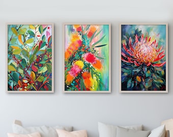 Australian Native Floral Iconic Abstract Paintings, DIGITAL DOWNLOAD, Set of 3 Prints, Native Flowers Botanical Wall Art, Printable Wall Art