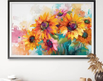 Sunflowers Sunshine Dance Floral Painting Wall Art, DIGITAL DOWNLOAD, Bright Floral Textural Wall Art Abstract Botanical, Printable Wall Art