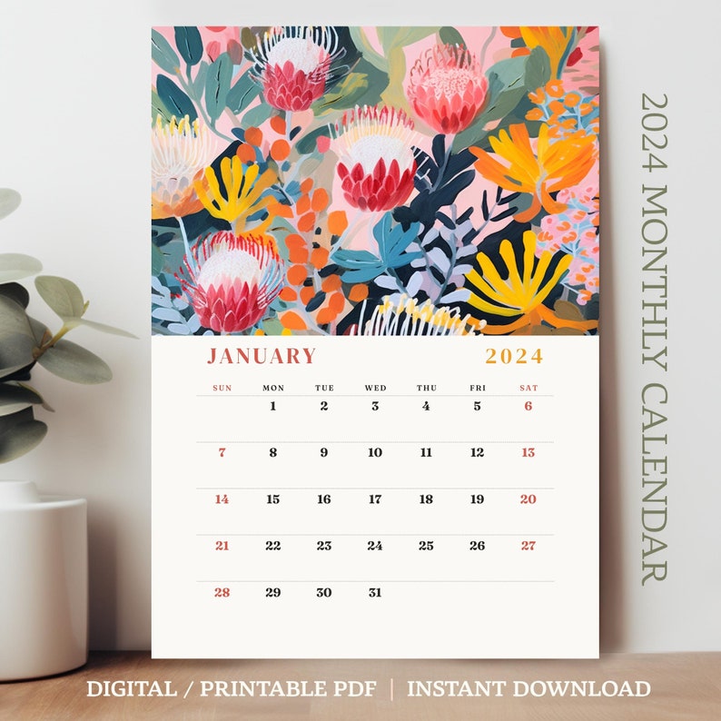 2024 Calendar Monthly Printable, Native Australian Botanical Flowers