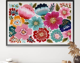 Floral Garden Joy Wall Art, Colourful Botanical Digital Print, Maximalist Flower Art