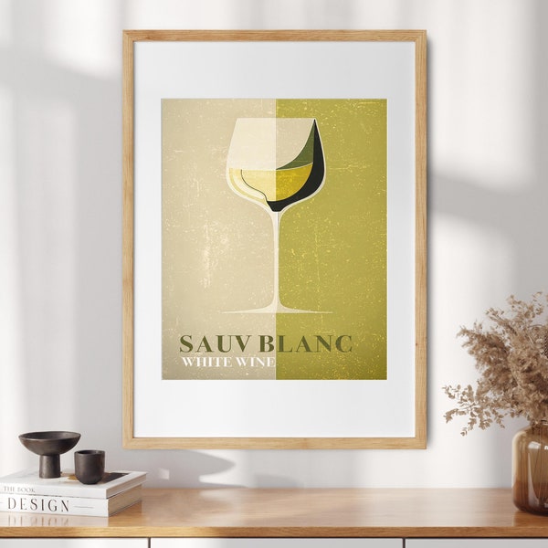 Vintage White Wine Art Print, Sauv Blanc Wine Art, DIGITAL DOWNLOAD, White Wine Art, Bar Cart Print Kitchen Art, Gallery Wall Home Printable