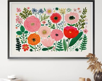Garden Rhapsody Colourful Floral Wall Art, Botanical Digital Print, Decorative Flower Art Hero