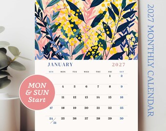 2027 Australian Native Floral Classics Printable Calendar, A4 A3 Digital PDF, Monday & Sunday Start, Botanical Wall Art Planner