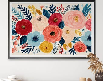 Vibrant Garden Blooms Floral Wall Art, Colourful Botanical Digital Print, Decorative Flower Art