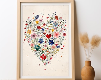 Floral Watercolor Love Heart Print, Entwined in Love, DIGITAL DOWNLOAD, Boho Nursery Decor Wall Art, Girls Room Decor, Flowers Printable