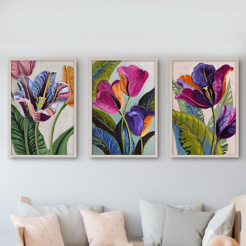 Tulips Bloom Trio Set of 3 Painting Prints, Colorful Tulip Flower Wall ...
