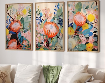 Australian Banksia Dreams Paintings DIGITAL Art Prints, Set of 3 Prints, Native Flowers Banksia, Botanical Art, Boho Banksia Flower Wall Art