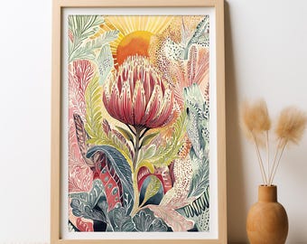 Australian Botanical Golden Dawn Floral Wall Art DIGITALE DOWNLOAD Inheemse geïnspireerde etherische print Aus inheemse wilde bloemen afdrukbare