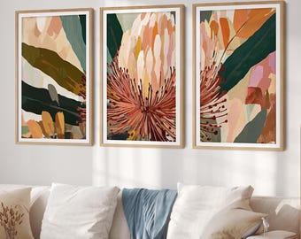 Banksia Earthy Goodness Set of 3 Prints, Australian Botanical Wall Art, Neutral Abstract Floral Decor, Modern Boho Triptych Digital Download