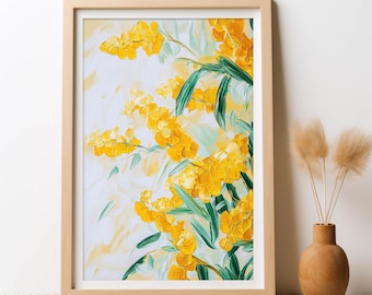以下が含まれることがあります： 白い背景に、緑の葉が付いた黄色の花が描かれた額装された絵画。花は、ゆったりとした印象派のスタイルで描かれている。