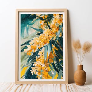Impresión artística DIGITAL de flores abstractas de acacia australiana, cascada dorada, arte mural botánico de flores nativas, impresión de flores nativas