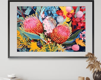 Puede incluir: Una impresión enmarcada de un arreglo floral colorido con flores vibrantes de color rosa, rojo y amarillo con hojas verdes sobre un fondo azul oscuro.