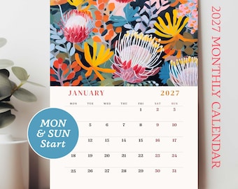 2027 Australian Native Floral Printable Calendar, A4 A3 Digital PDF, Monday & Sunday Start, Botanical Wall Art Planner