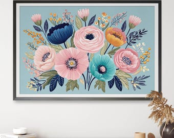 Blossom Skies Floral Wall Art Print, Colourful Botanical Flower Digital Download, Blue Pink Decorative Art, Landscape Horizontal