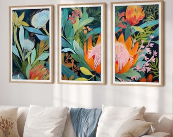 Australian Banksia Charm Set of 3 Prints, Native Botanical Wall Art Modern Abstract Floral Decor Gallery Wall Set Digital Download Printable