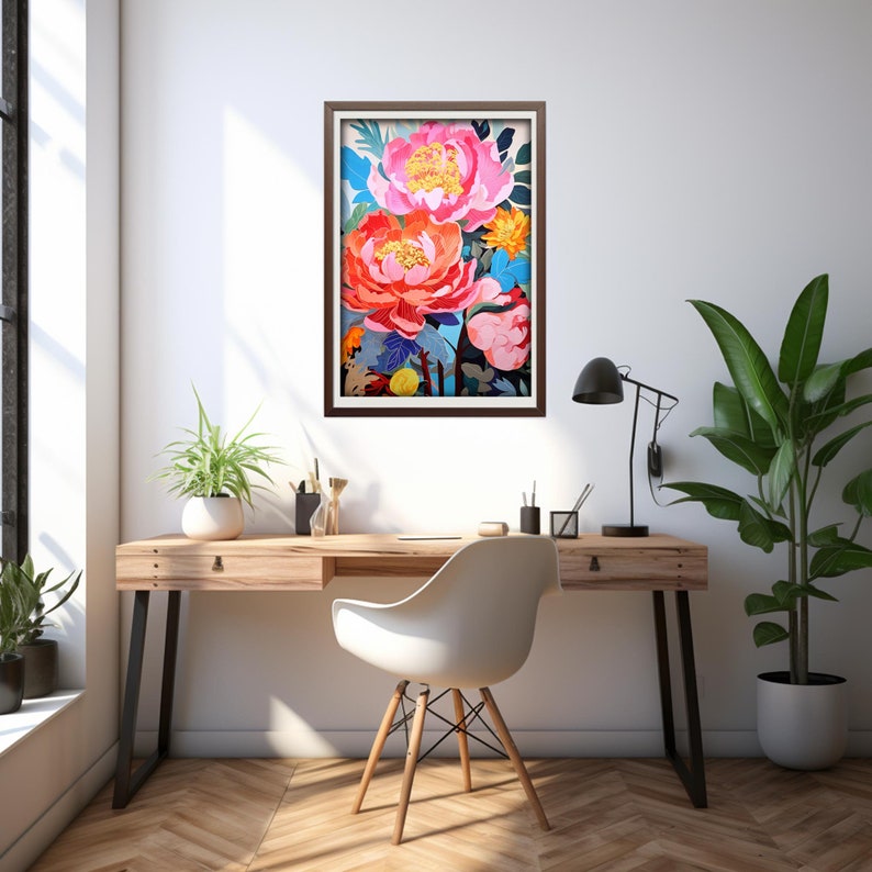 May include: A framed painting of colorful flowers, featuring pink, red, and yellow blooms against a blue and green background.