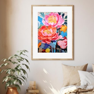 May include: A framed print of a colorful floral illustration featuring pink, red, and yellow peonies with green leaves and blue accents.