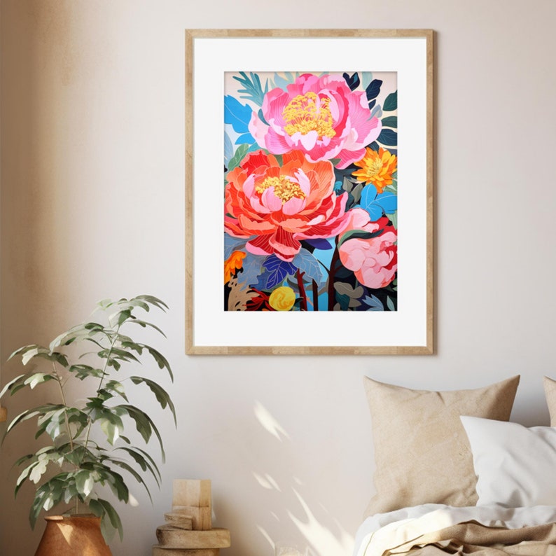 May include: A framed print of a colorful floral illustration featuring pink, red, and yellow peonies with green leaves and blue accents.