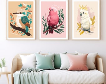 Australian Native Birds Illustrations Art Prints, Set of 3 Prints, Vibrant Bird Printable Wall Art, DIGITAL DOWNLOAD, Australian Birds Art