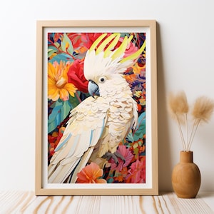 Cockatoo Bird Sulphur Crested Painting, DIGITAL DOWNLOAD, Boho Bird Art Print, Home Decor Australia Cockatoo Bird Floral, Printable Wall Art
