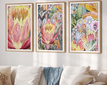 Banksia Bushland Glow Set of 3 Prints, Australian Botanical Wall Art, Vintage Floral Decor, Protea Banksia Art Digital Download Printable