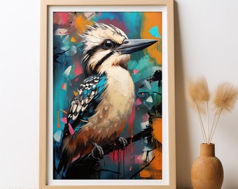 Kookaburra Bird Vibrant Style Digital Art Print, Bird Painting, Wall Art Print, Home Decor, Australian Native Birds | Wall Art Printable