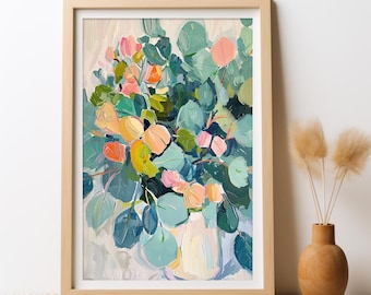 Australian Eucalyptus Floral Blooms Abstract Painting Print, DIGITAL DOWNLOAD, Eucalyptus Leaves Wall Art Print, Botanical Floral Printable