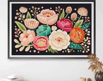 Dark Floral Garden Wall Art, Moody Botanical Digital Print, Colourful Maximalist Flower Art