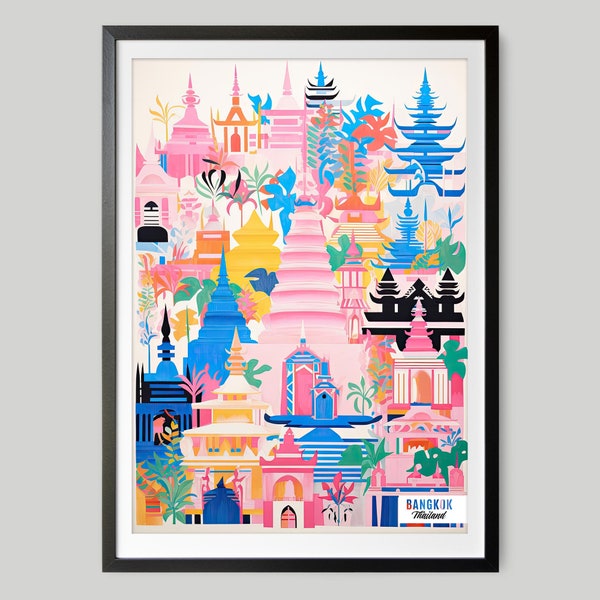 Bangkok Thailand Travel Poster, DIGITAL DOWNLOAD, Bangkok Temples, Modern City Art Print, Colourful Painting Travel Art, Printable Wall Art