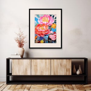 May include: A framed print of a floral illustration featuring pink and orange peonies with green leaves and blue accents.